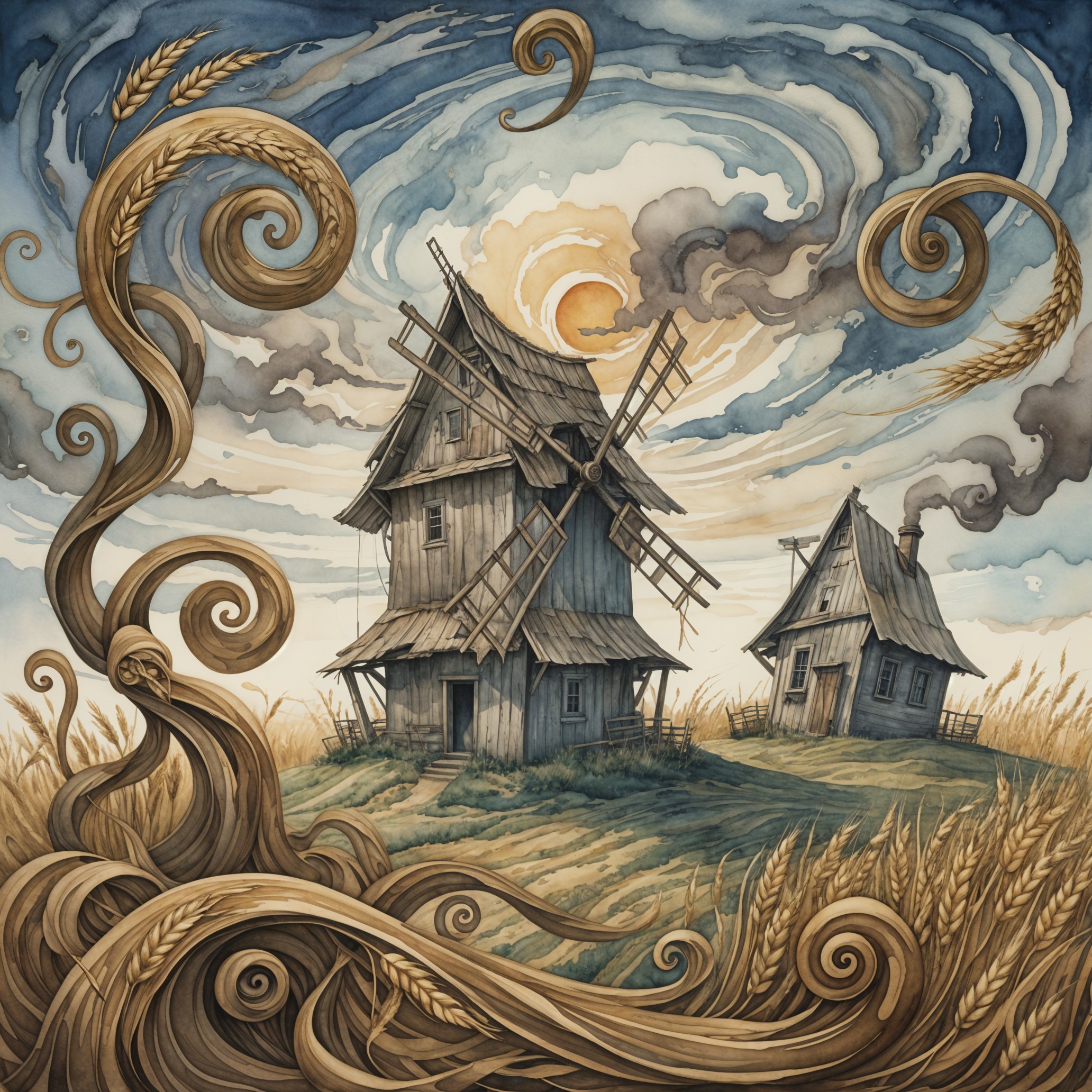 Whimsical landscape with windmills and golden wheat