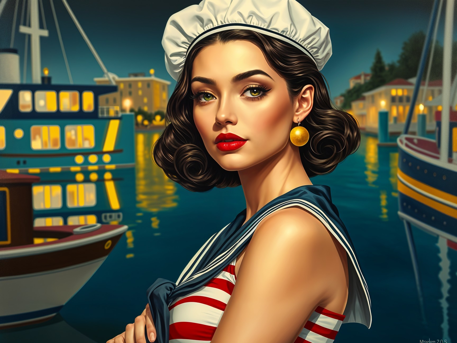 Glamorous Woman in Vintage Sailor Outfit at Harbor