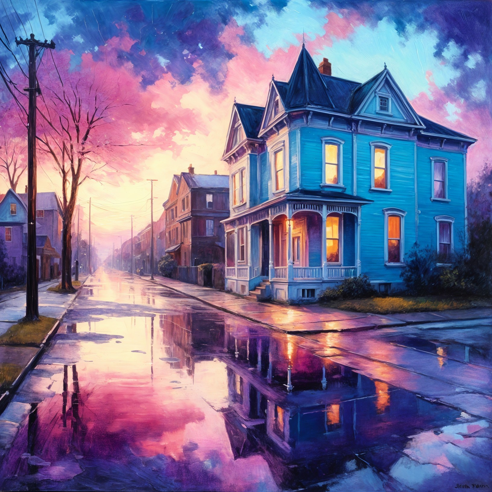 Blue Victorian House at Twilight with Sunset Reflections