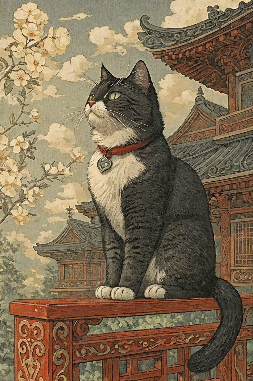 Black Cat on Railing with Ornate Building Background