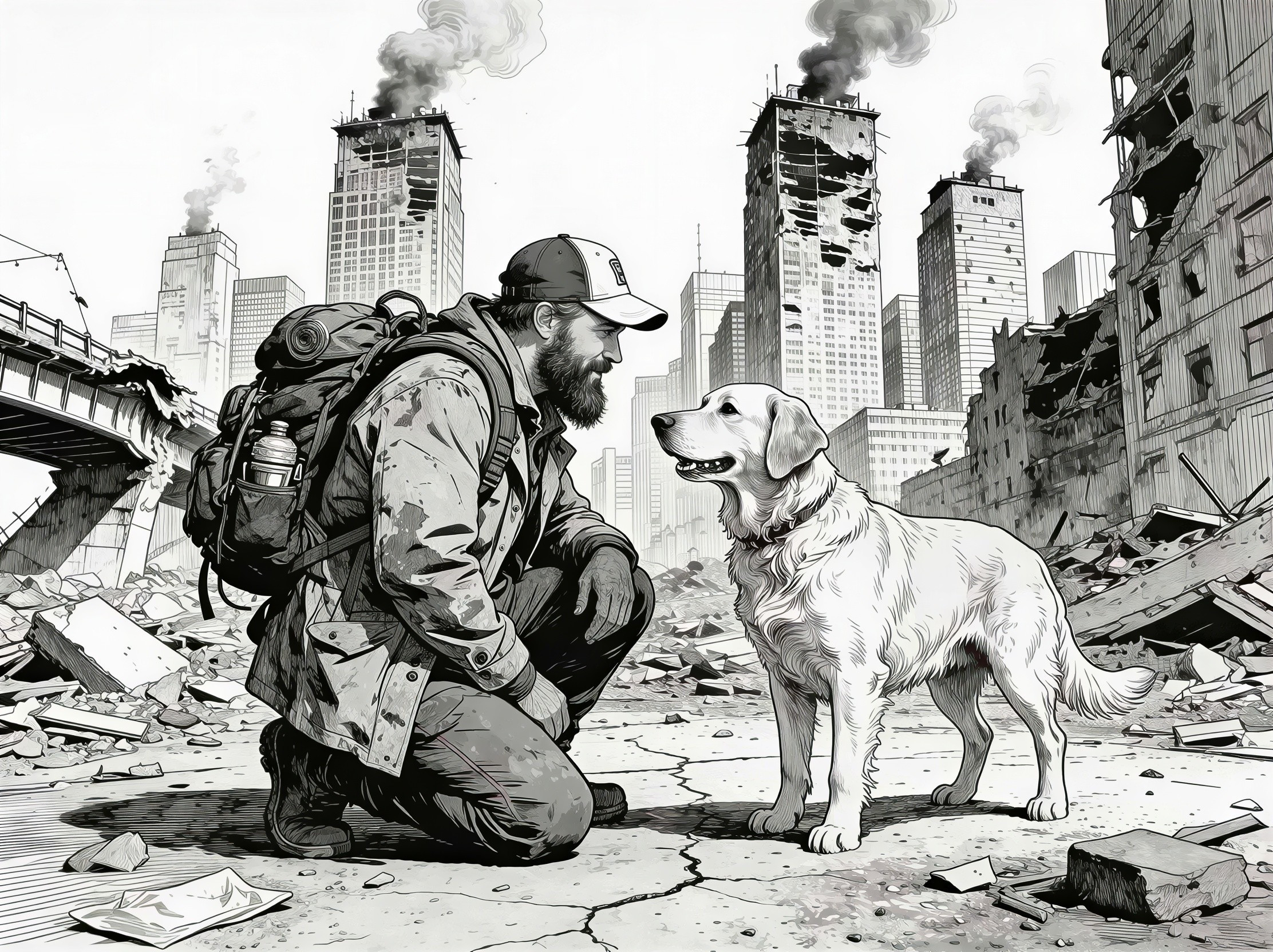 Apocalyptic Scene with Survivor and Rescue Dog