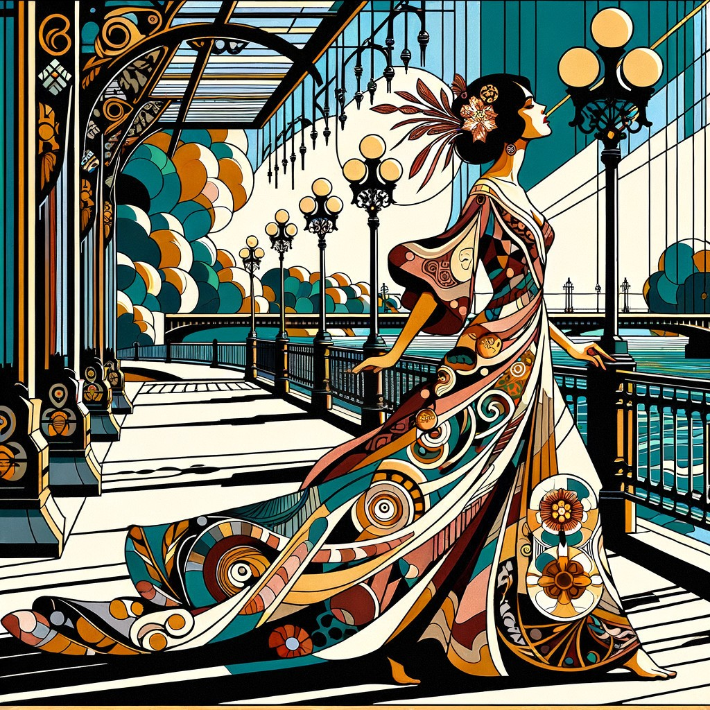Art Nouveau Scene with Woman on Ornate Bridge