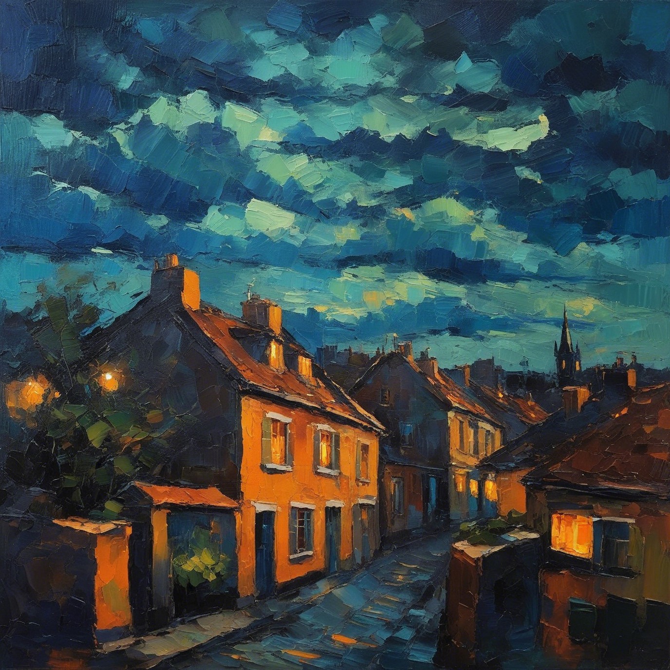 Vibrant Oil Painting of a Serene Village Night Scene