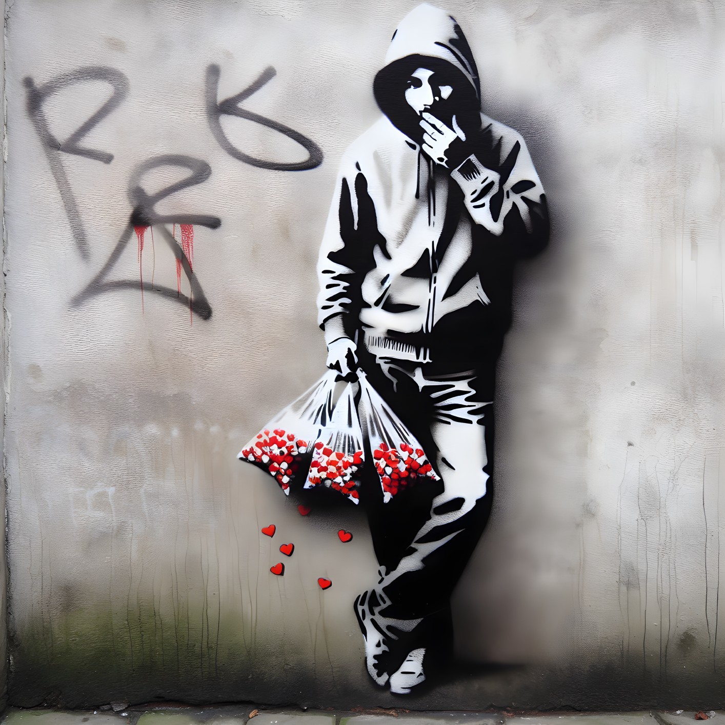 Street Art Mural of Figure with Heart-Shaped Items