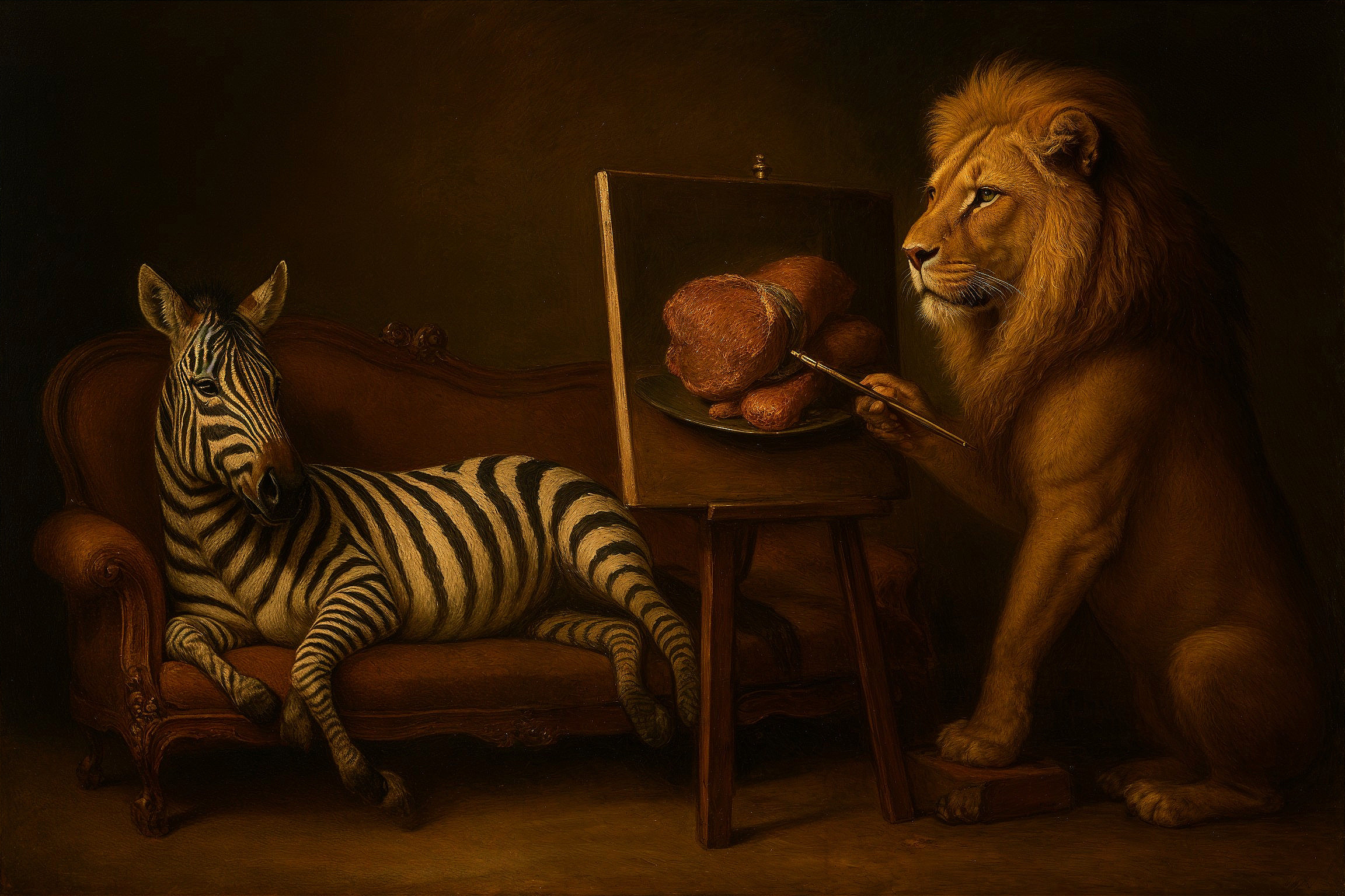 Lion Painting Meat with Zebra Observing in Surreal Scene