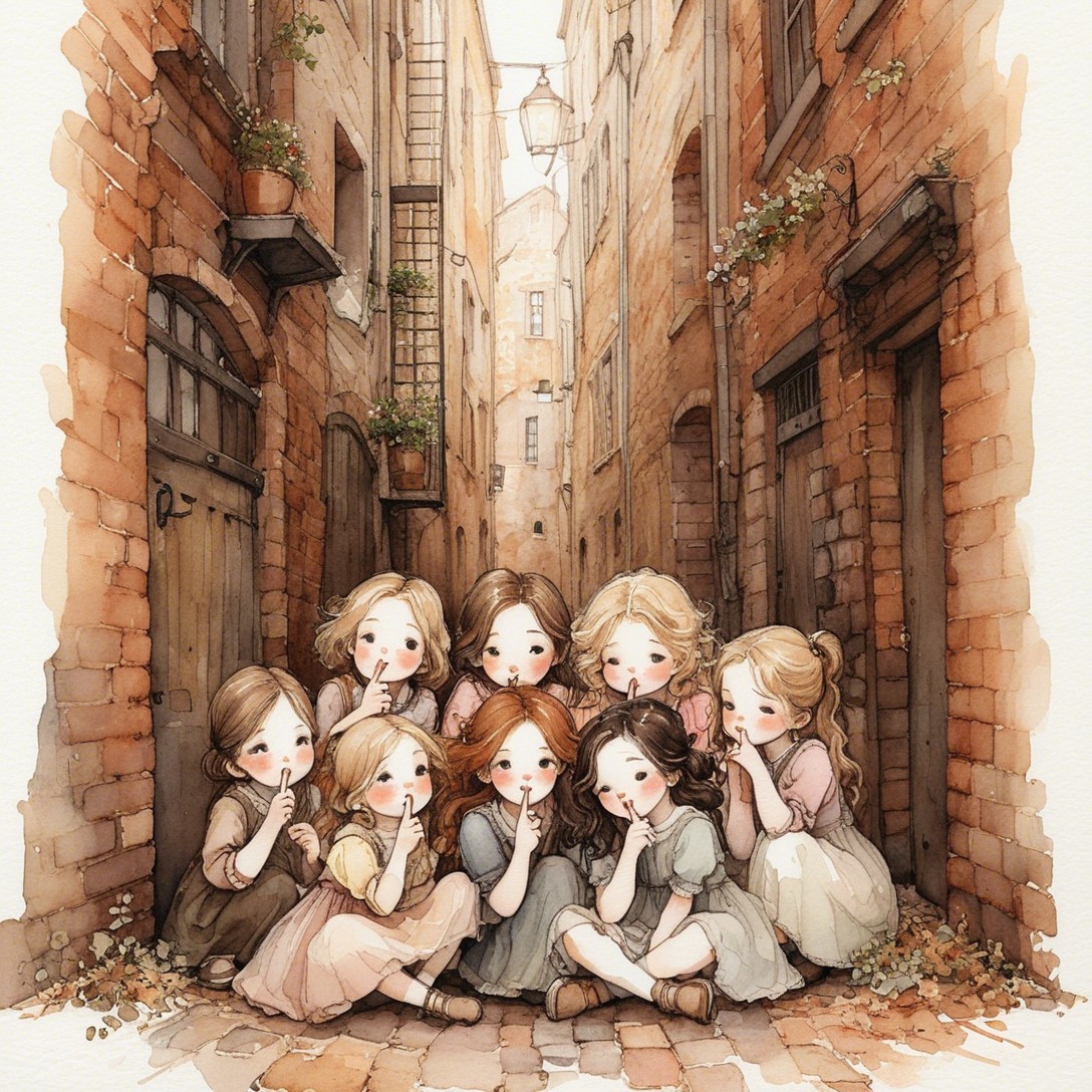 Group of Girls in Pastel Dresses in Quaint Alley