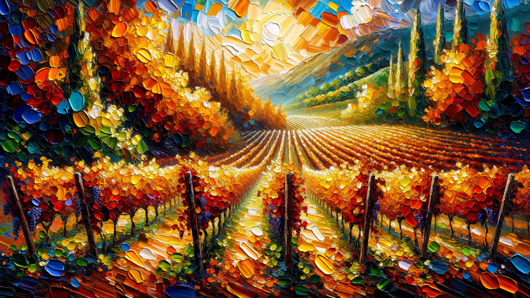 Sunlit Autumn Vineyard Landscape with Colorful Foliage
