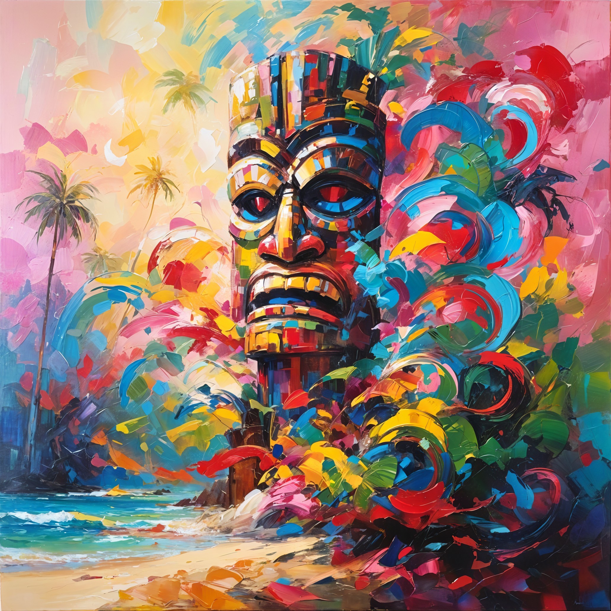 Vibrant Tropical Scene with Colorful Tiki Statue