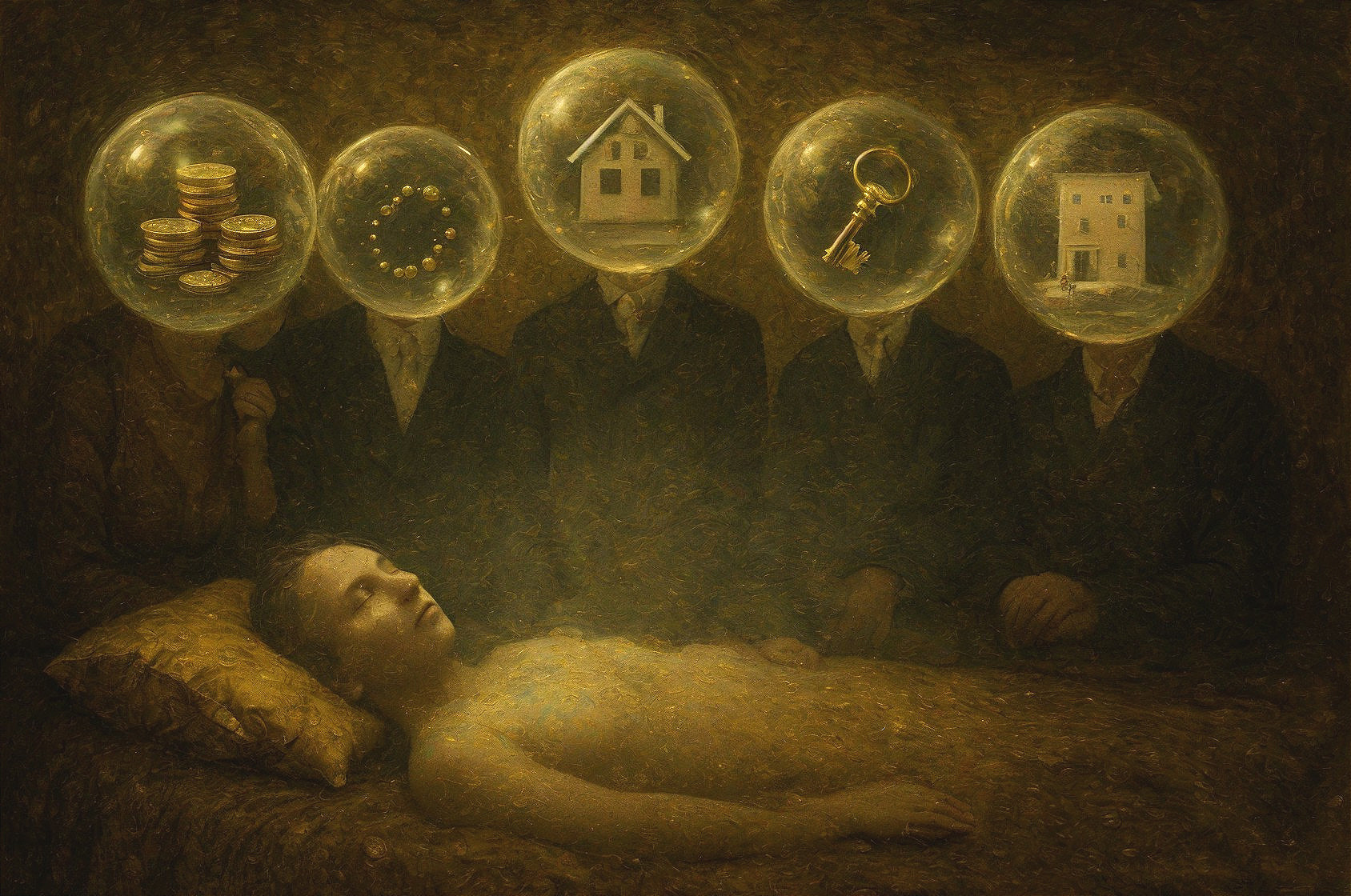 Serene Figure with Faceless Suits and Wealth Symbols