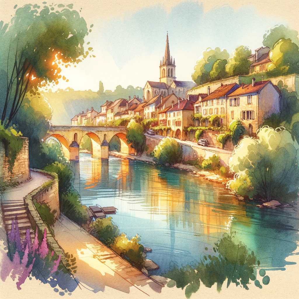 Quaint Village Riverside Scene with Charming Houses