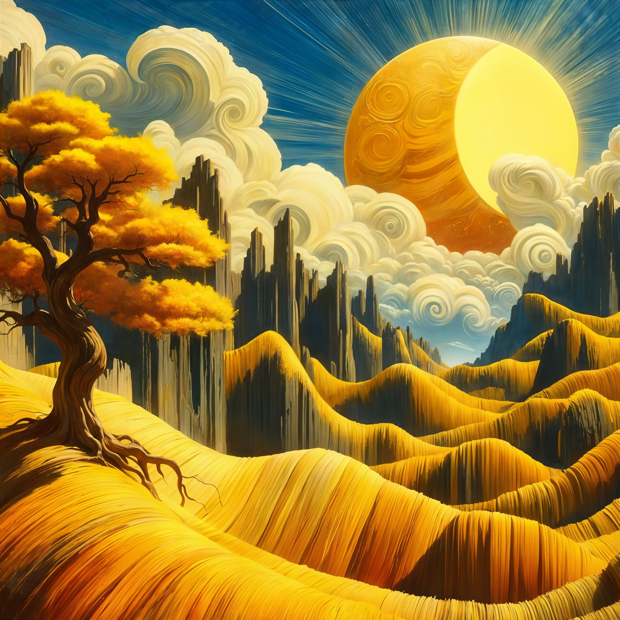 Surreal Landscape with Golden Hills and Vibrant Sky
