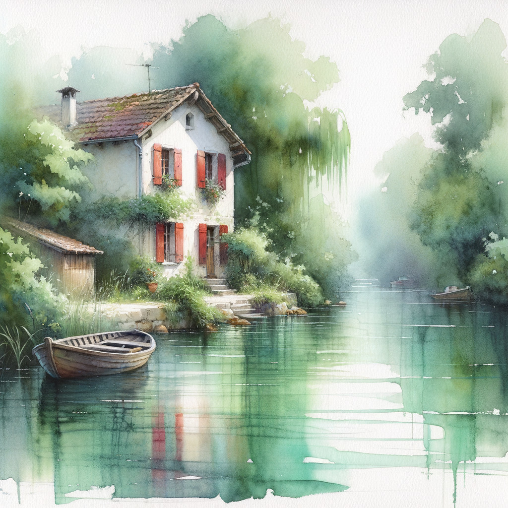 Charming White House by Tranquil River Scene