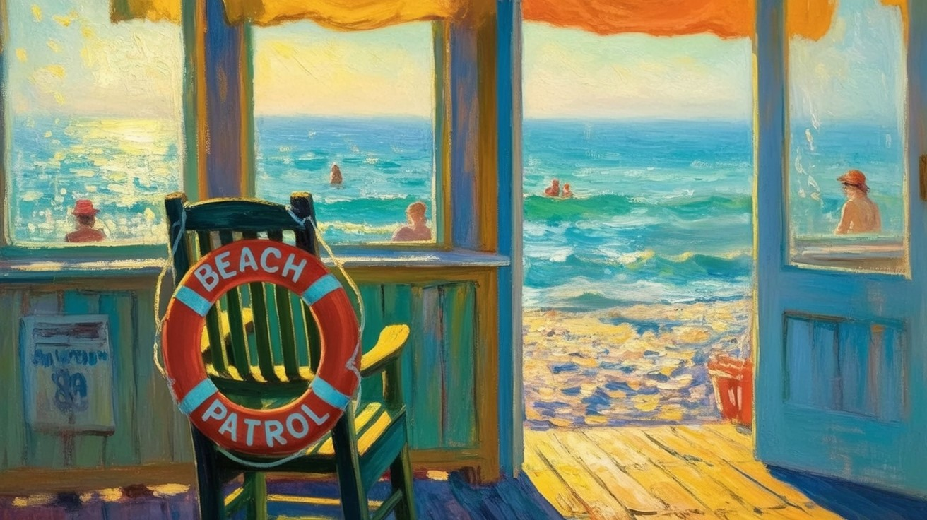 Vibrant Summer Beach Scene with Lifebuoy and Sunbathers