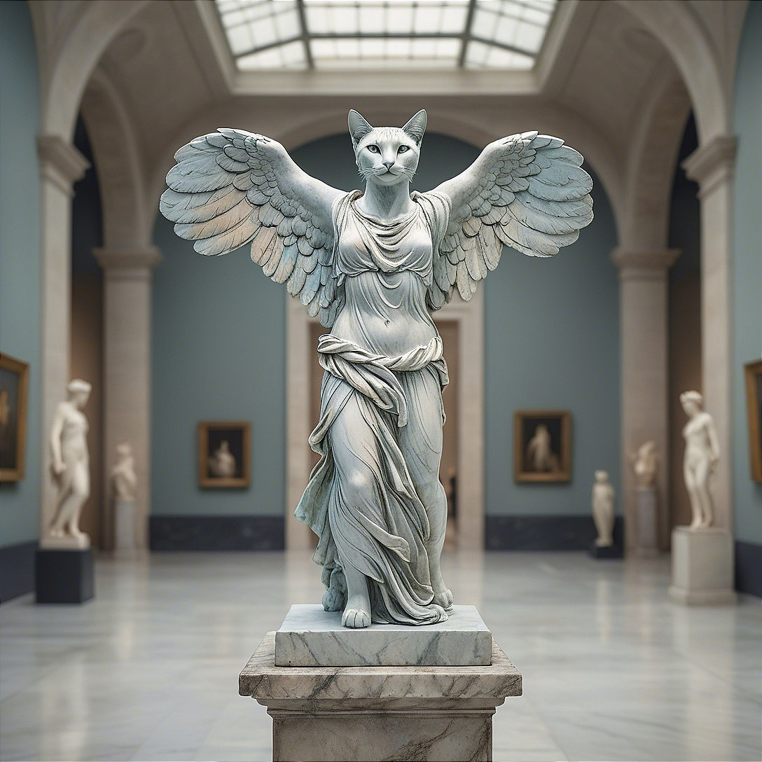 Marble Winged Cat Statue in Art Gallery Setting