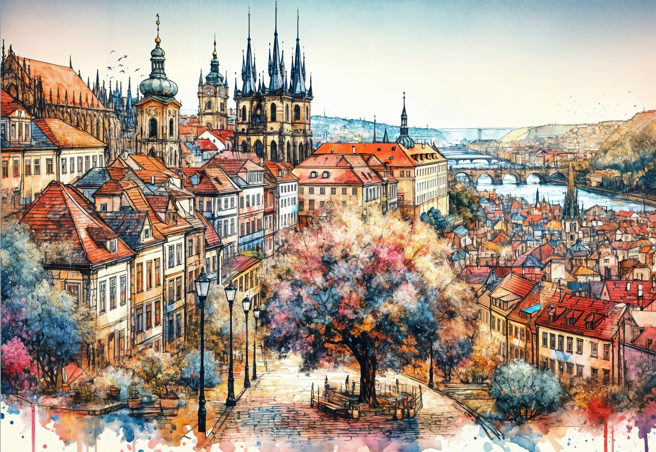 Vibrant Watercolor Cityscape with Historic Architecture