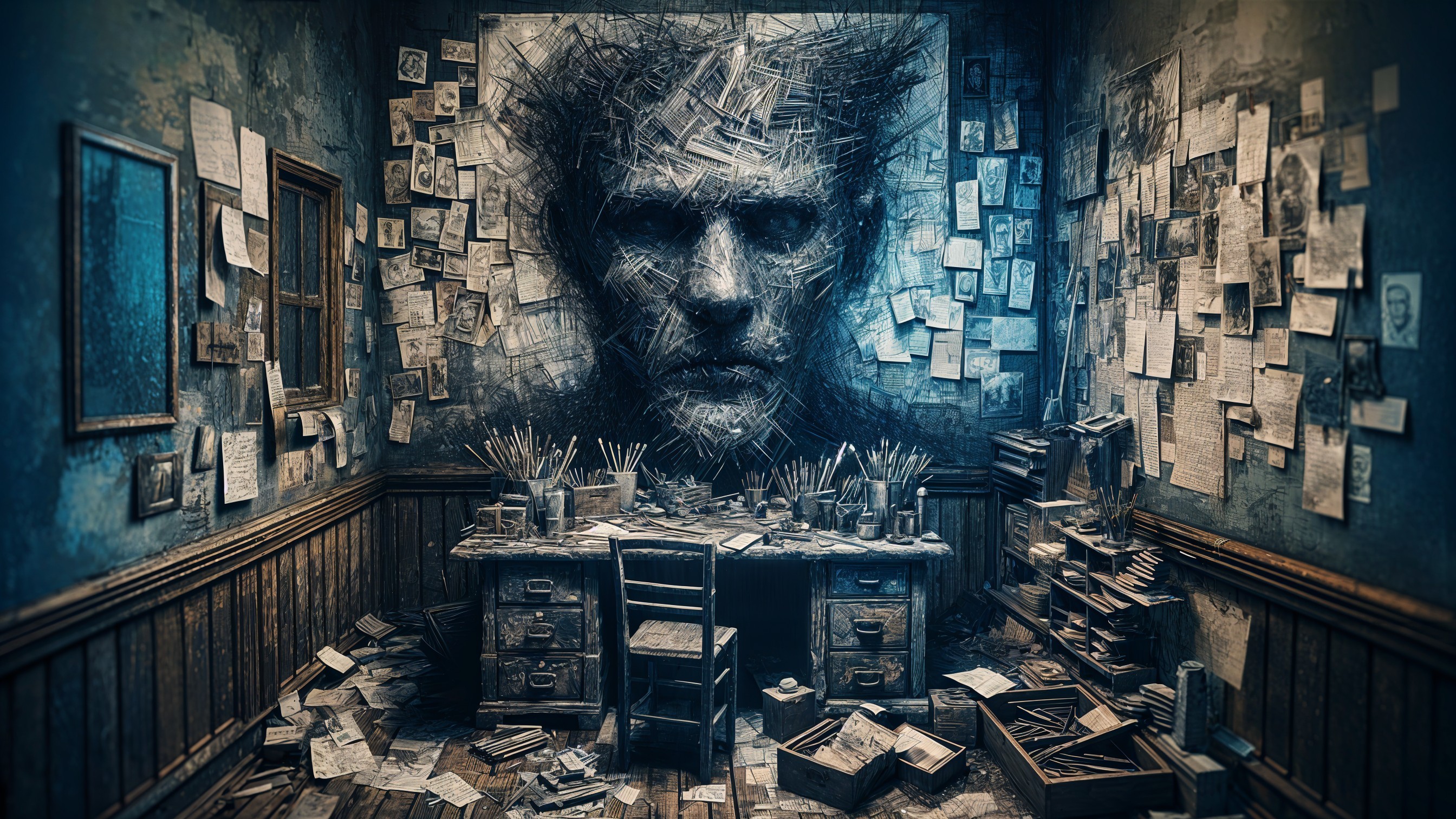 Cluttered Room with Art Supplies and Drawings