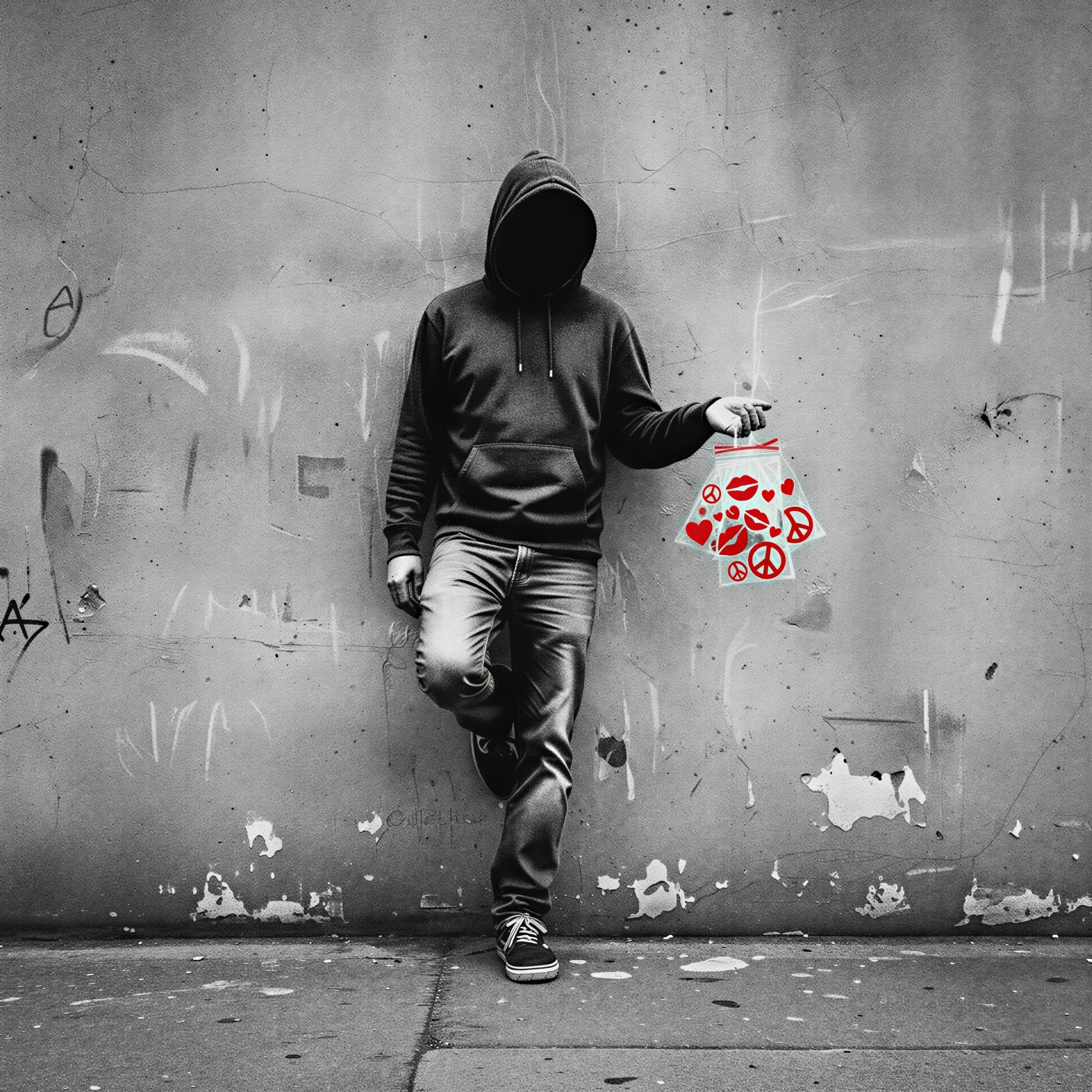 Person in Black Hoodie with Colorful Peace Bag