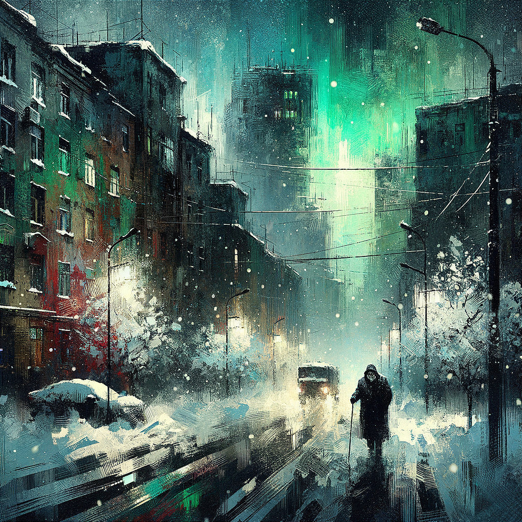 Solitary Figure on Snowy Street Under Green Glow