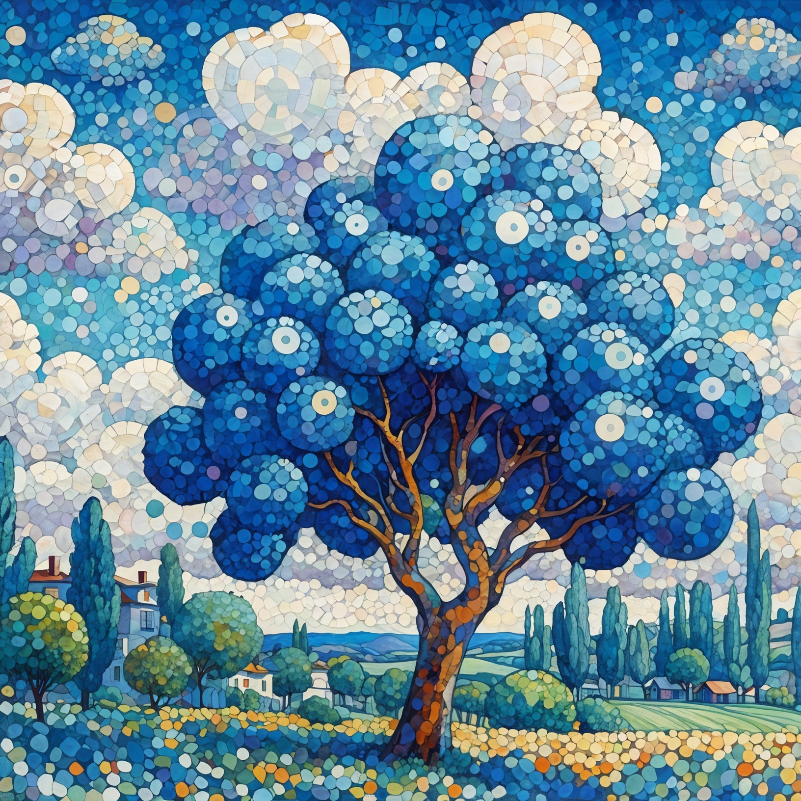 Vibrant Mosaic Artwork of Blue Tree and Countryside Scene