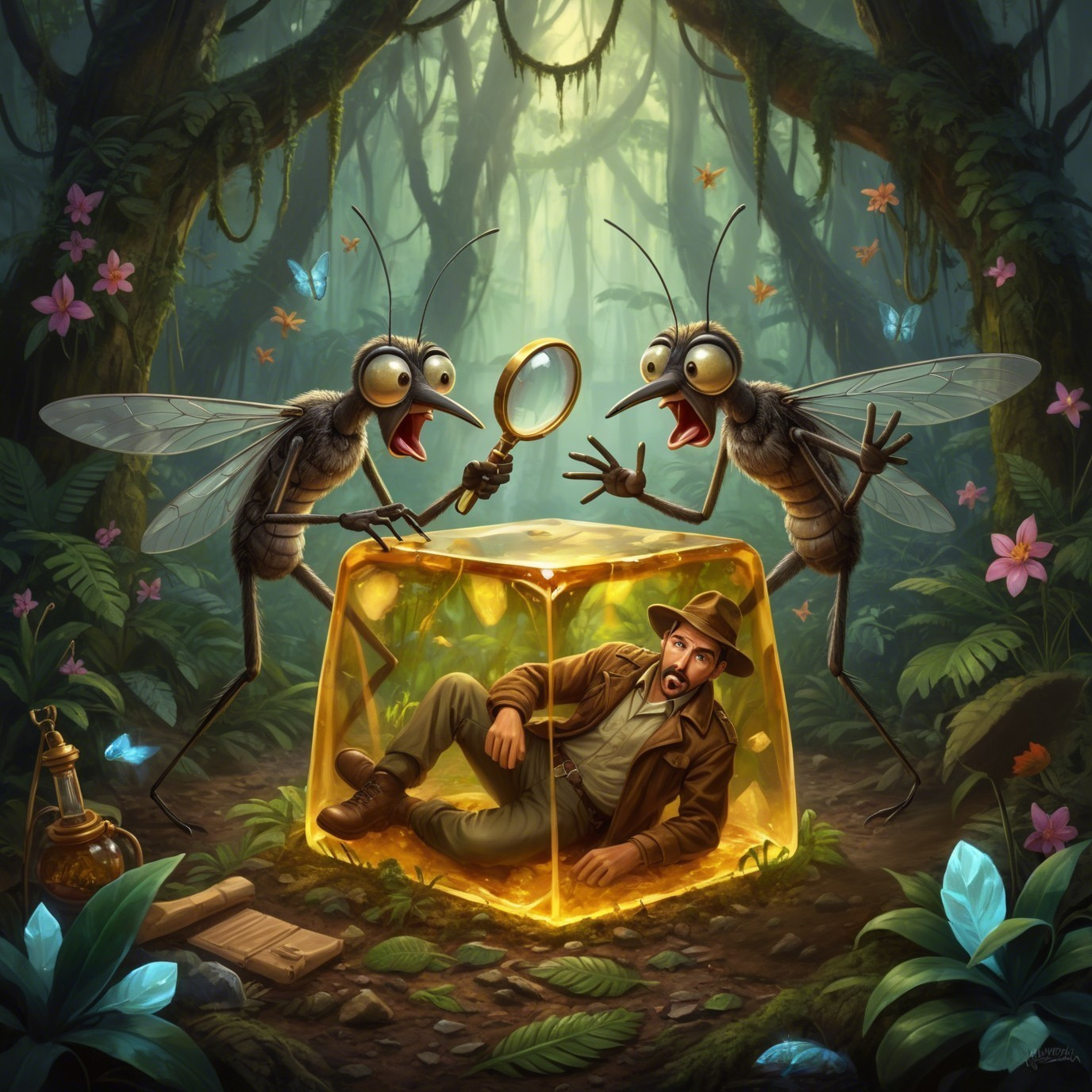 Man in Cube Surrounded by Giant Flies in Enchanted Forest