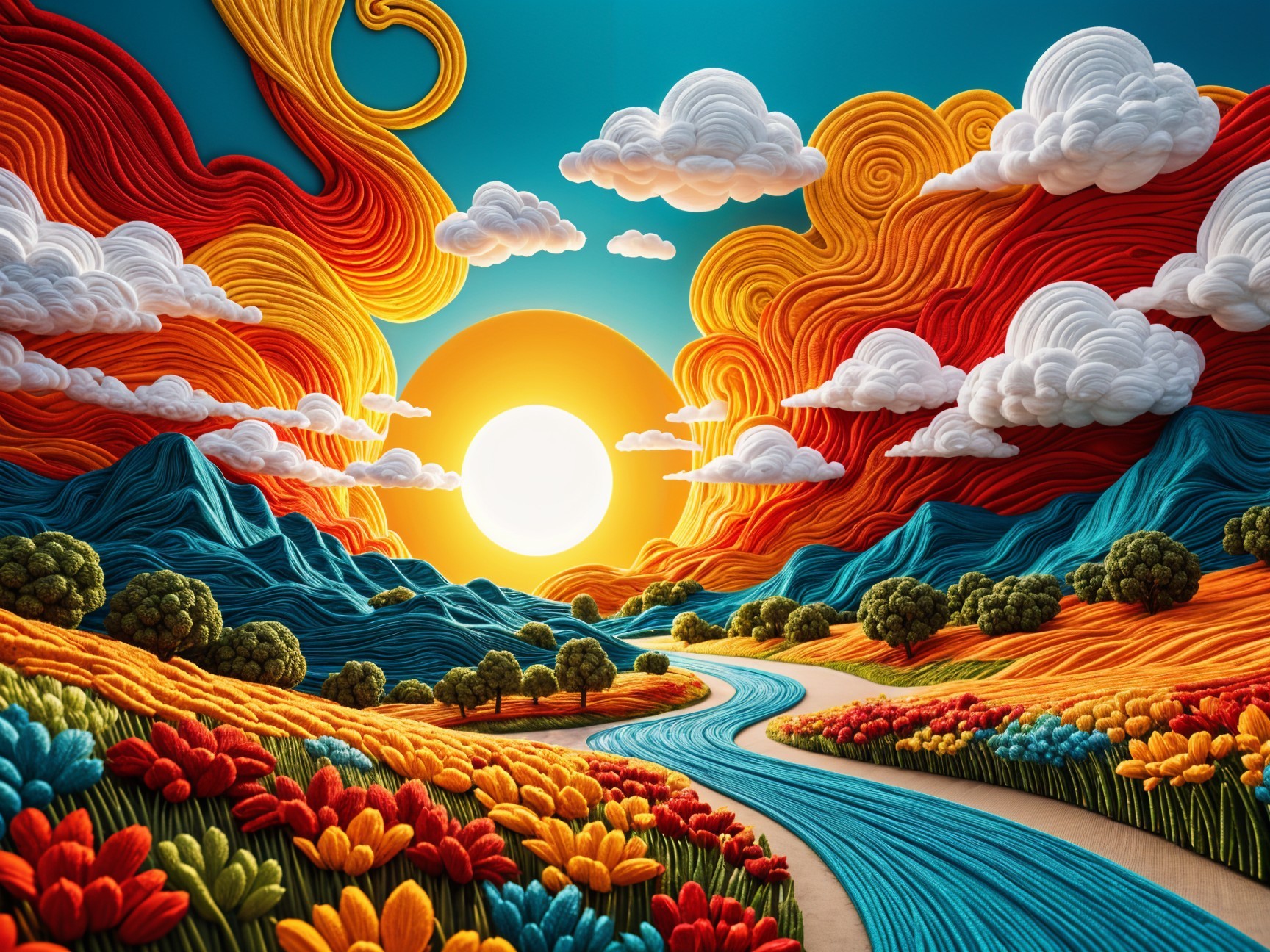 Vibrant Landscape with Colorful Threads and Flowers