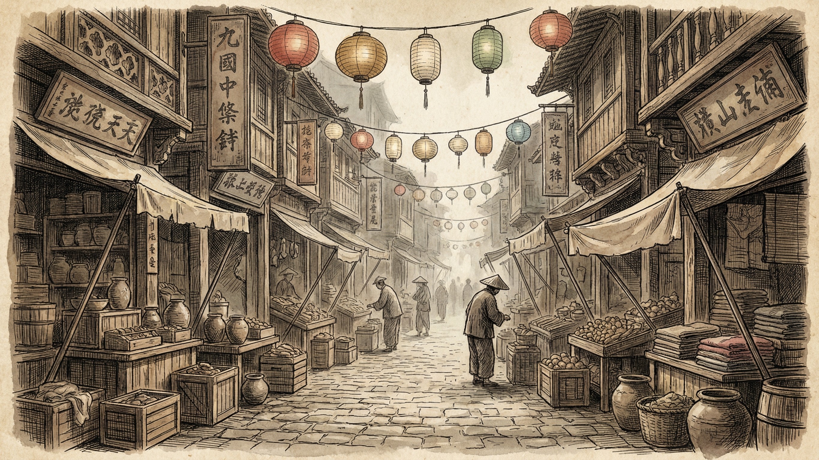 Detailed Drawing of a Traditional Chinese Market Street