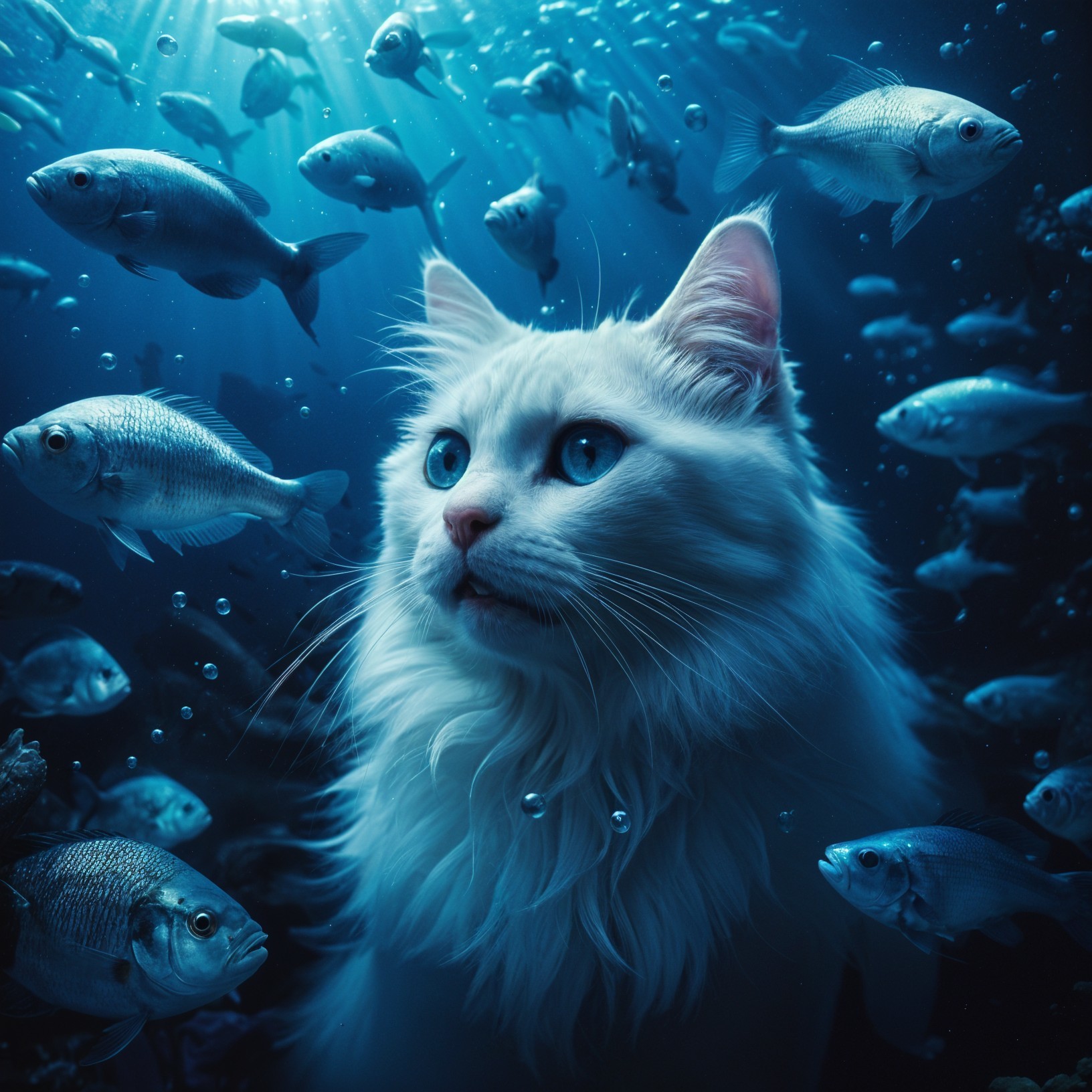 Majestic white cat observing an underwater scene