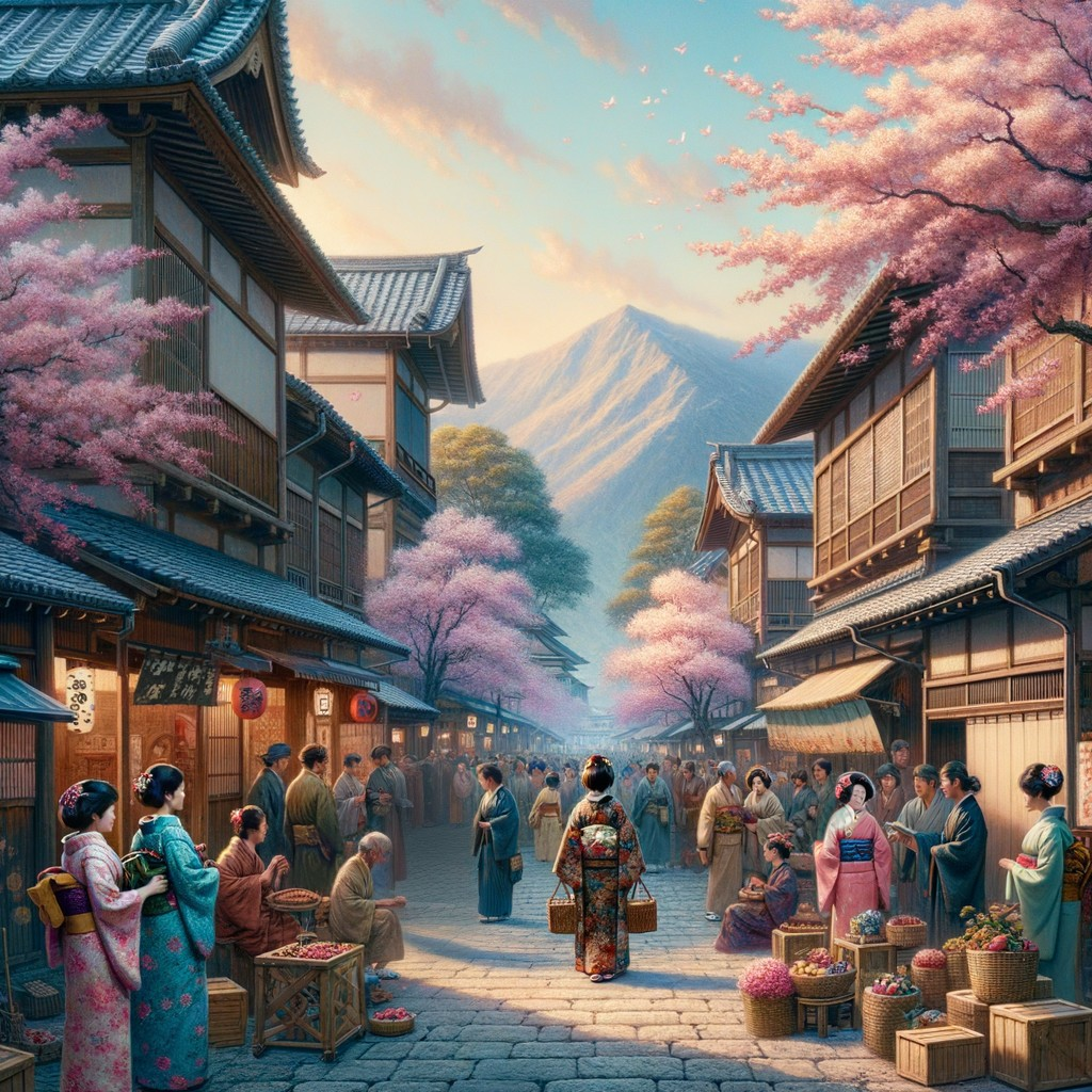 Cherry Blossom Village Scene with Traditional Houses