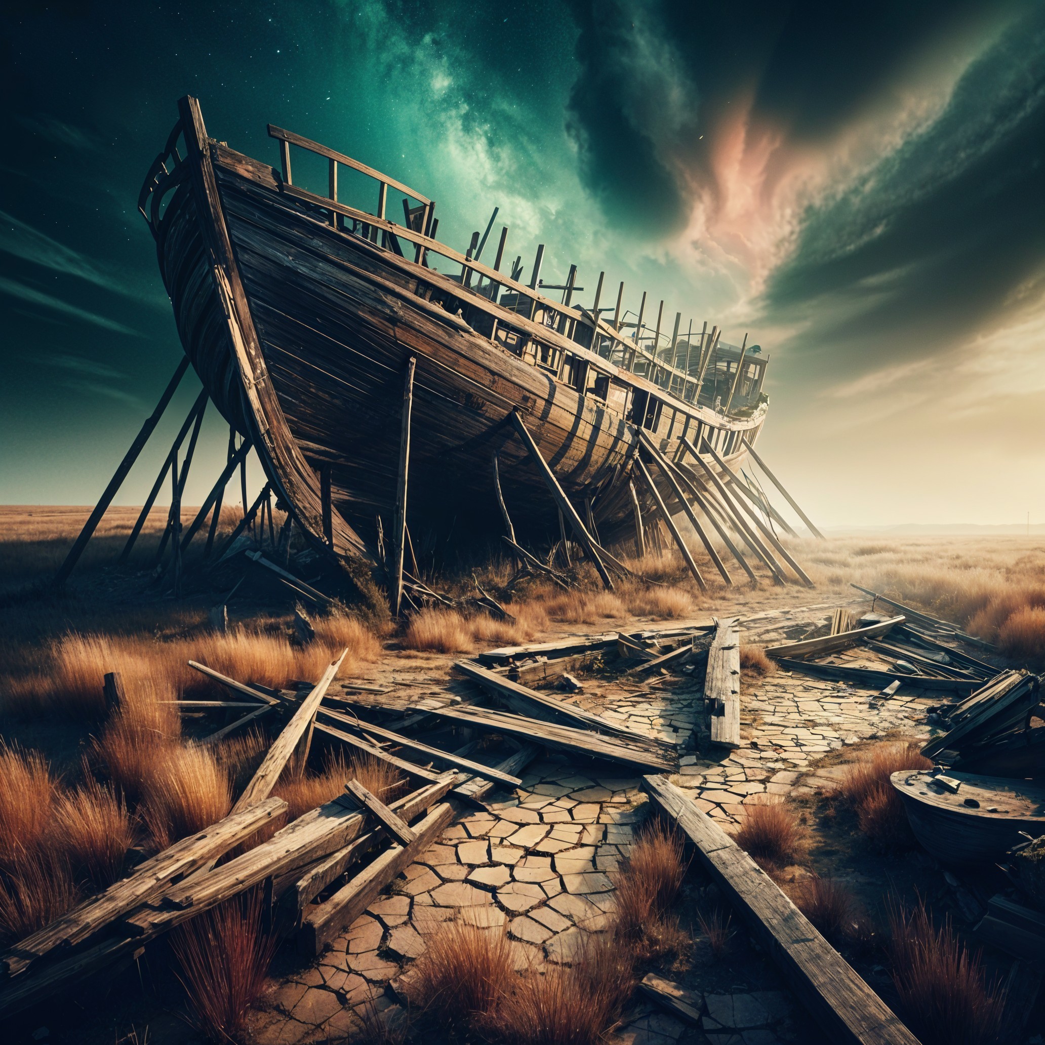Abandoned Shipwreck on Cracked Land with Dramatic Sky