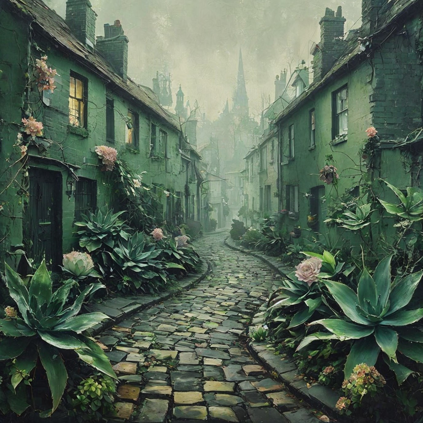 Charming Village Alley with Cottages and Foliage