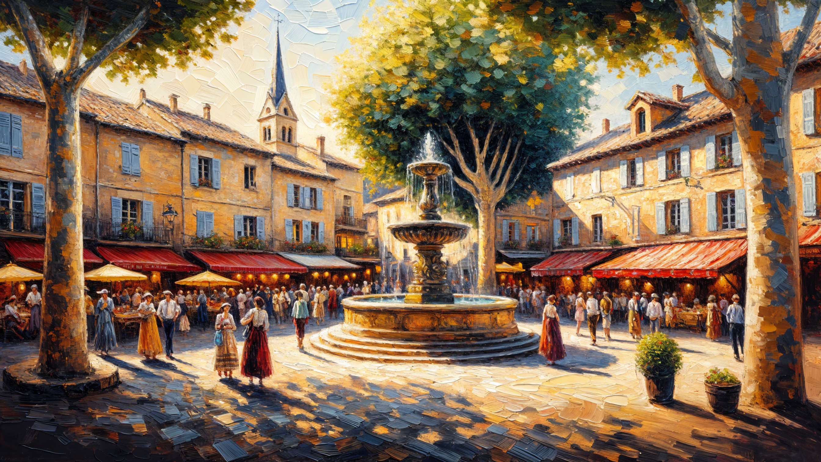 Vibrant Village Square with Fountain and Market Stalls