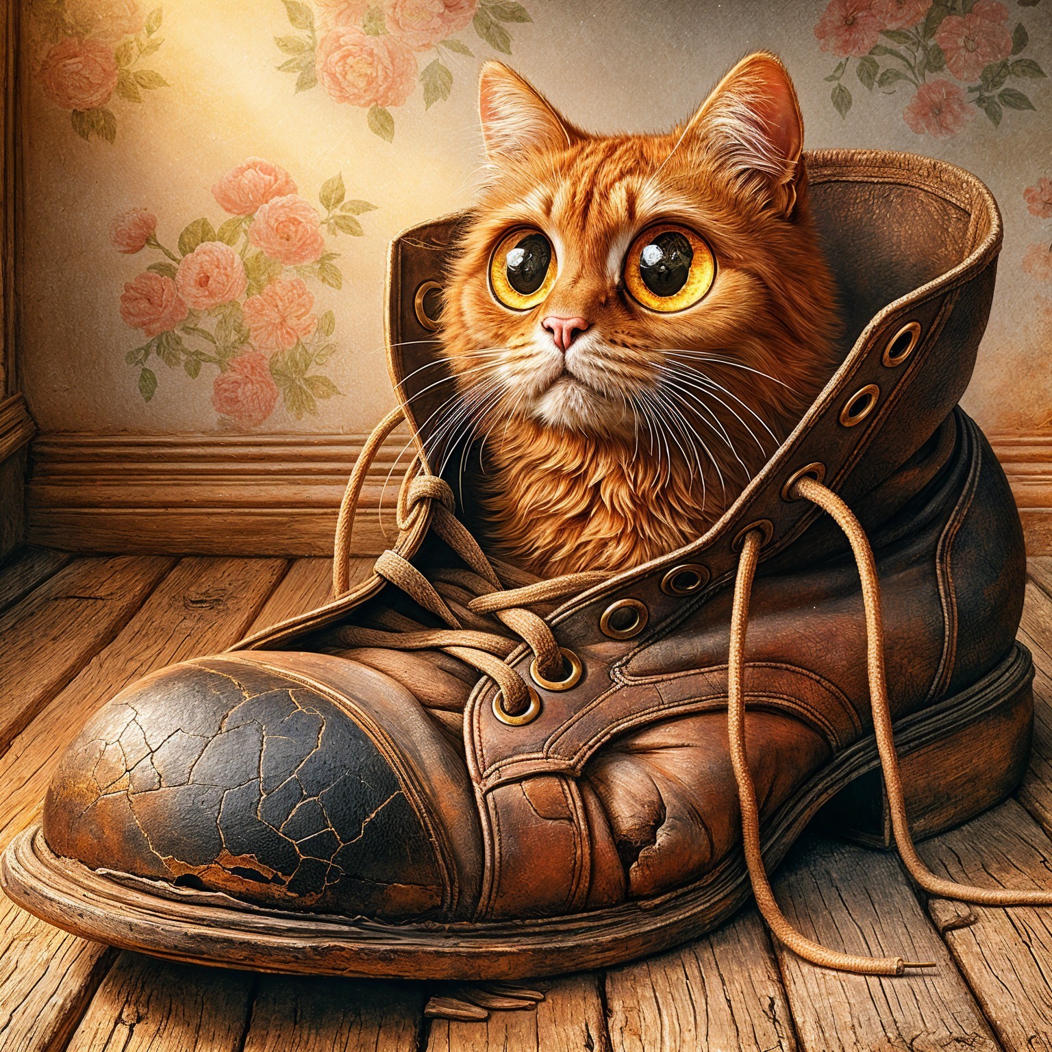 Whimsical Scene of Cat in a Brown Boot on Wood Floor