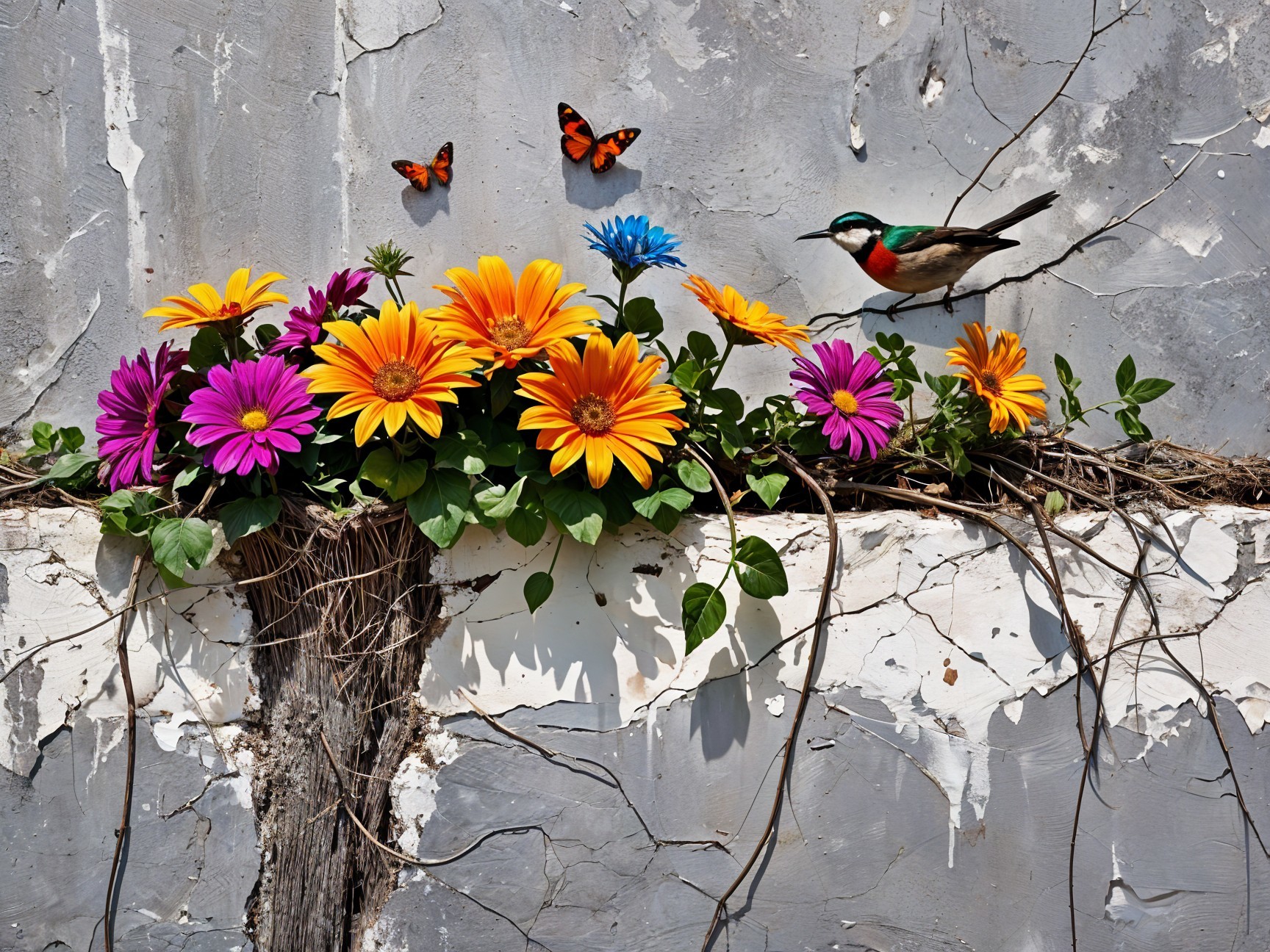Vibrant Flowers and Nature Against a Cracked Wall