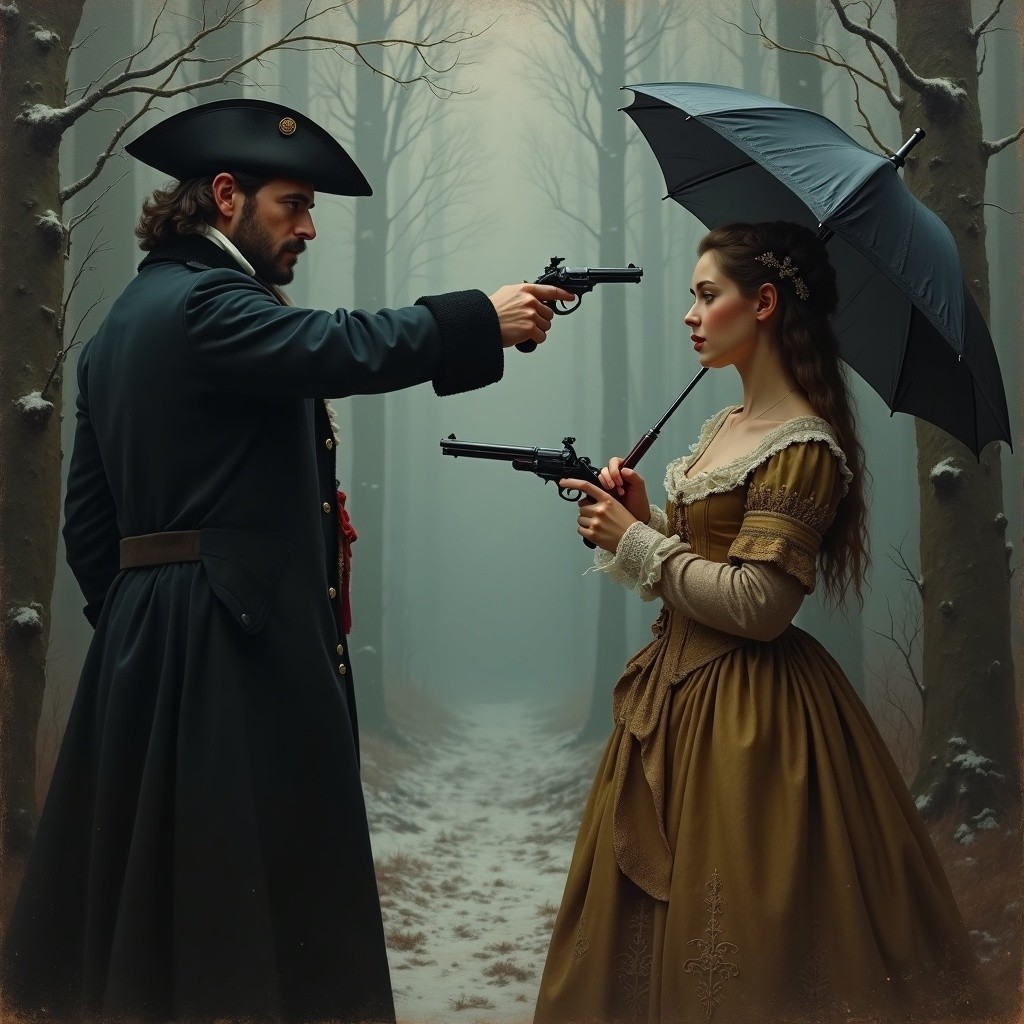 Standoff in a Misty Forest with Pistols Drawn
