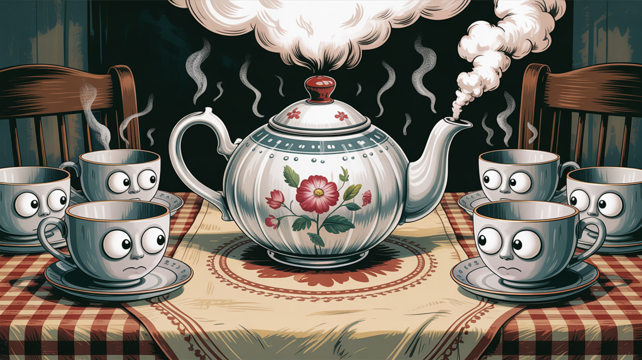 Vintage teapot with whimsical teacups on table