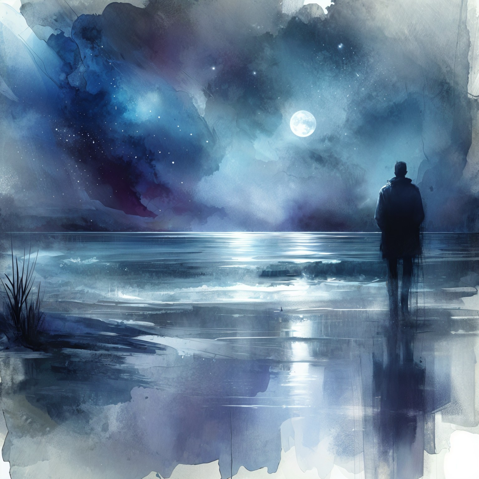 Solitary Figure on Tranquil Beach Under Full Moon