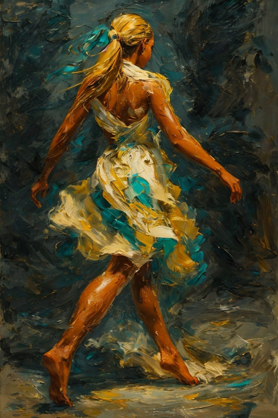 Vibrant oil painting of a dancing woman in motion