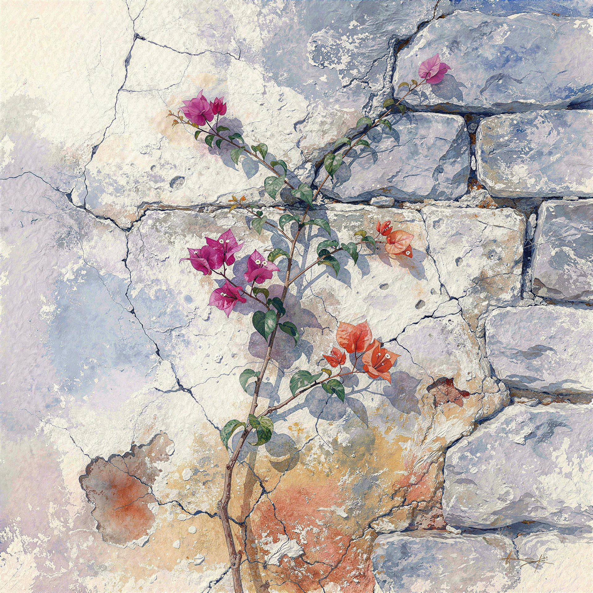 Watercolor of Bougainvillea Against Stone Wall