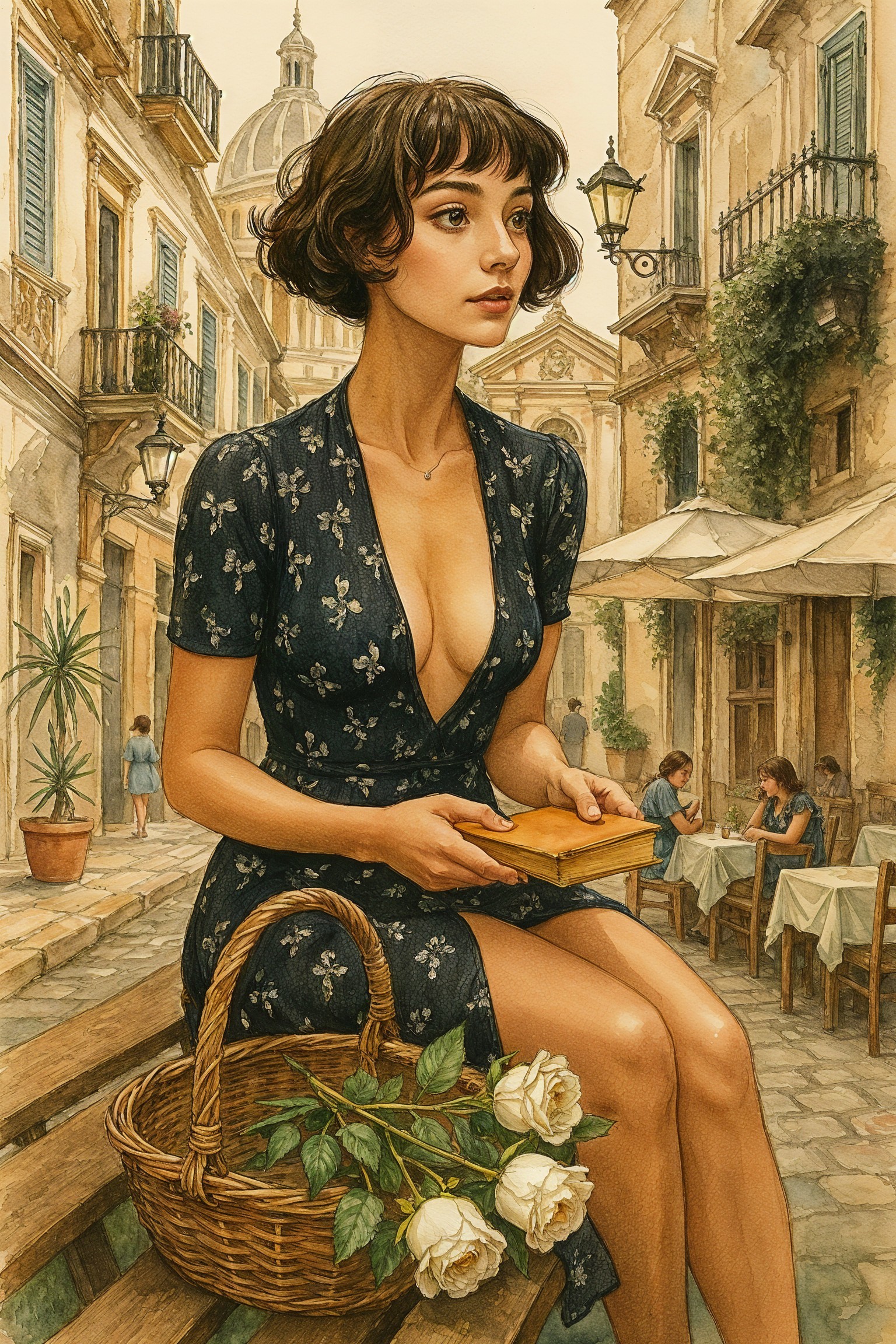Young Woman on Bench in Sunlit Italian Street