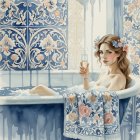 Woman in Vintage Bathtub with Champagne and Flowers