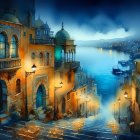 Twilight Scene of a Quaint Historic Street by River