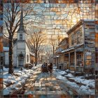 Mosaic Winter Scene of a Quaint Village with Carriage