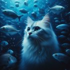 Majestic white cat observing an underwater scene