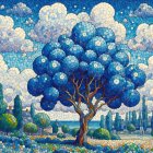 Vibrant Mosaic Artwork of Blue Tree and Countryside Scene