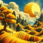 Surreal Landscape with Golden Hills and Vibrant Sky