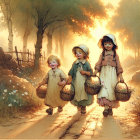 Children with Baskets of Flowers on a Sunlit Path