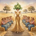 Woman in Straw Gown Surrounded by Clapping Children