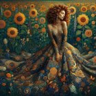 Woman in Floral Gown in Sunflower Field