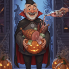 Cheerful Vampire at Decorated Halloween Doorstep