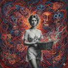 Woman in Lingerie Against Abstract Colorful Background